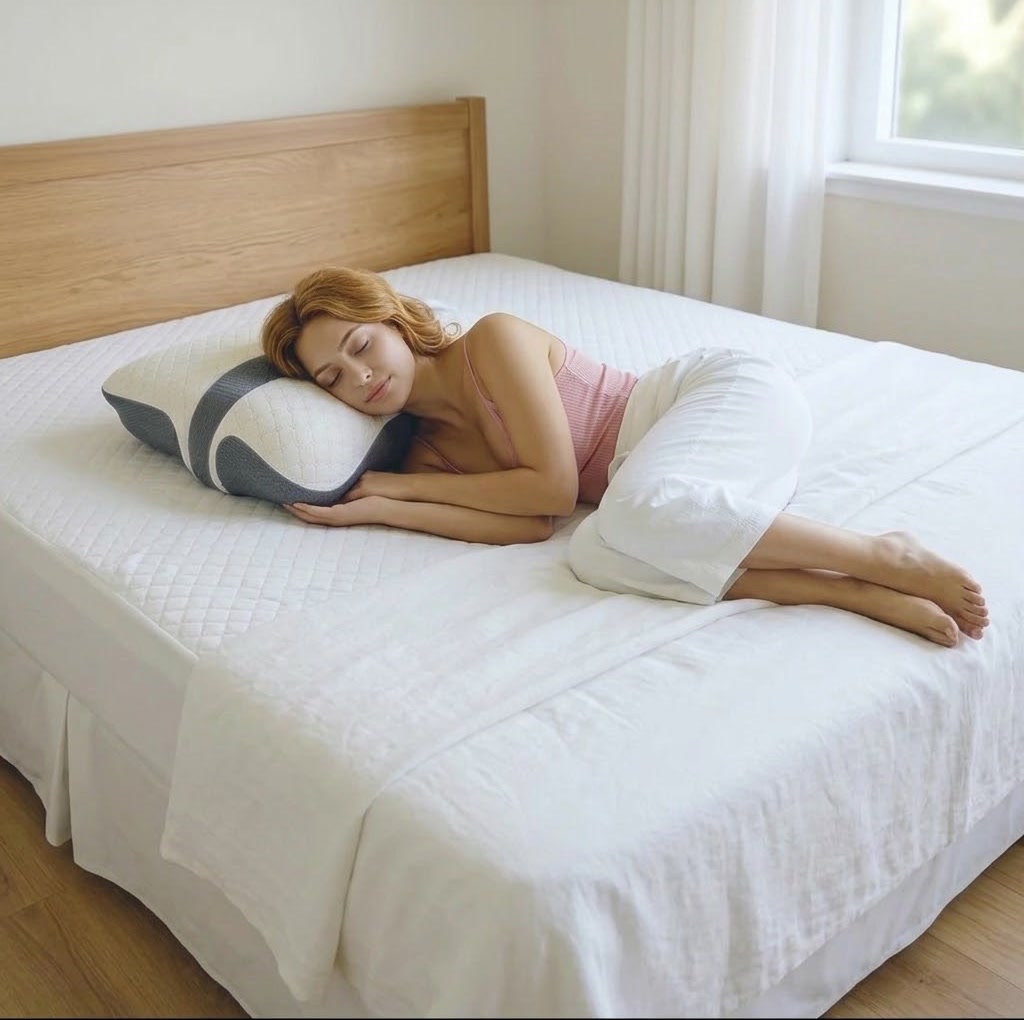 Femme endormie sur le côté, la tête sur l’oreiller papillon posé sur le lit
