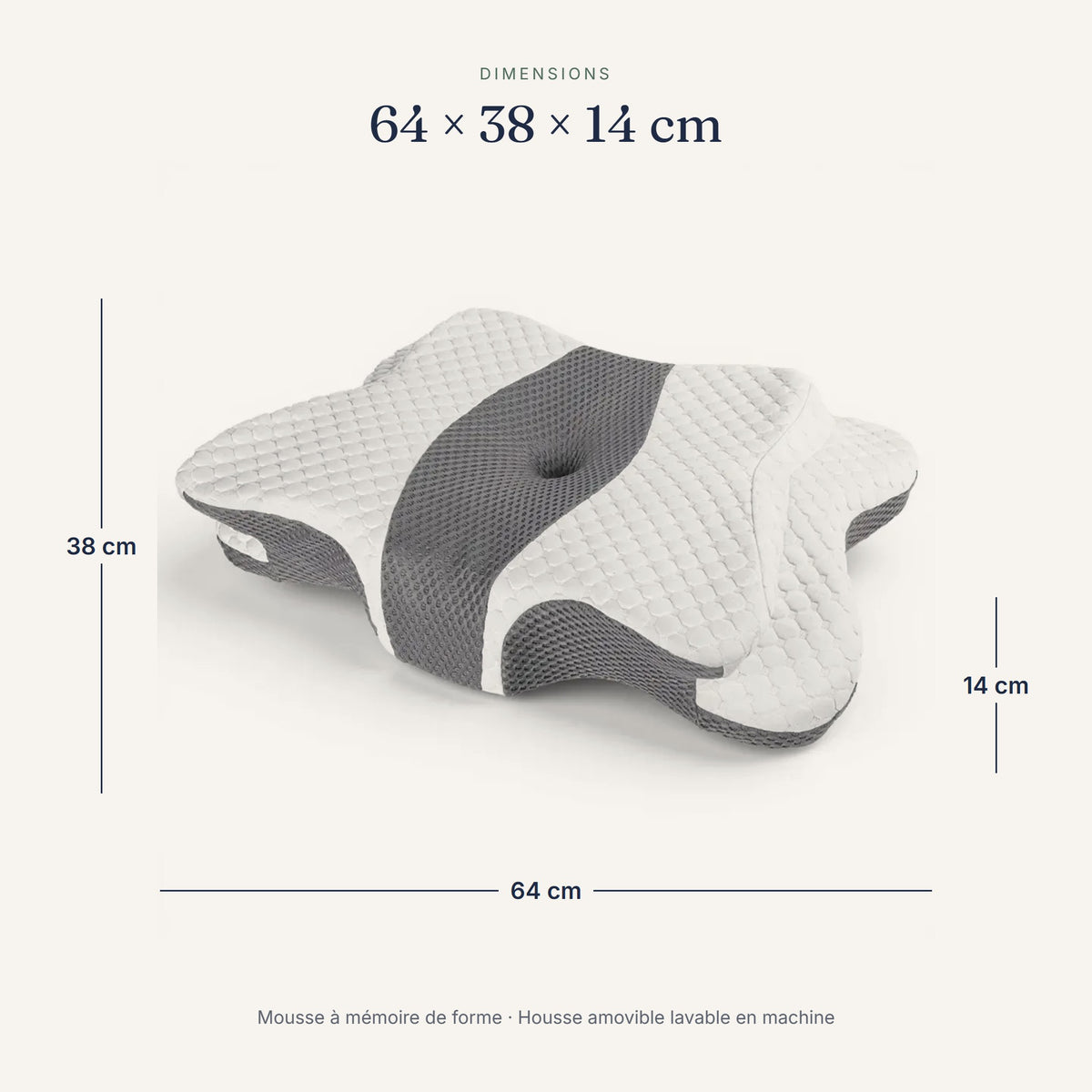 Dimensions de l’oreiller : 64 × 38 × 14 cm