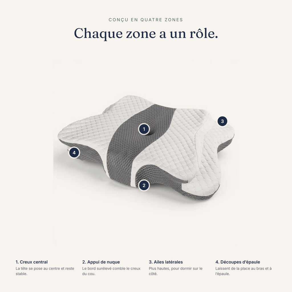 Les quatre zones de l’oreiller : creux central, appui de nuque, ailes latérales, découpes d’épaule