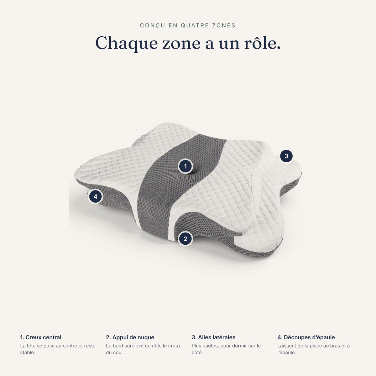 Les quatre zones de l’oreiller : creux central, appui de nuque, ailes latérales, découpes d’épaule